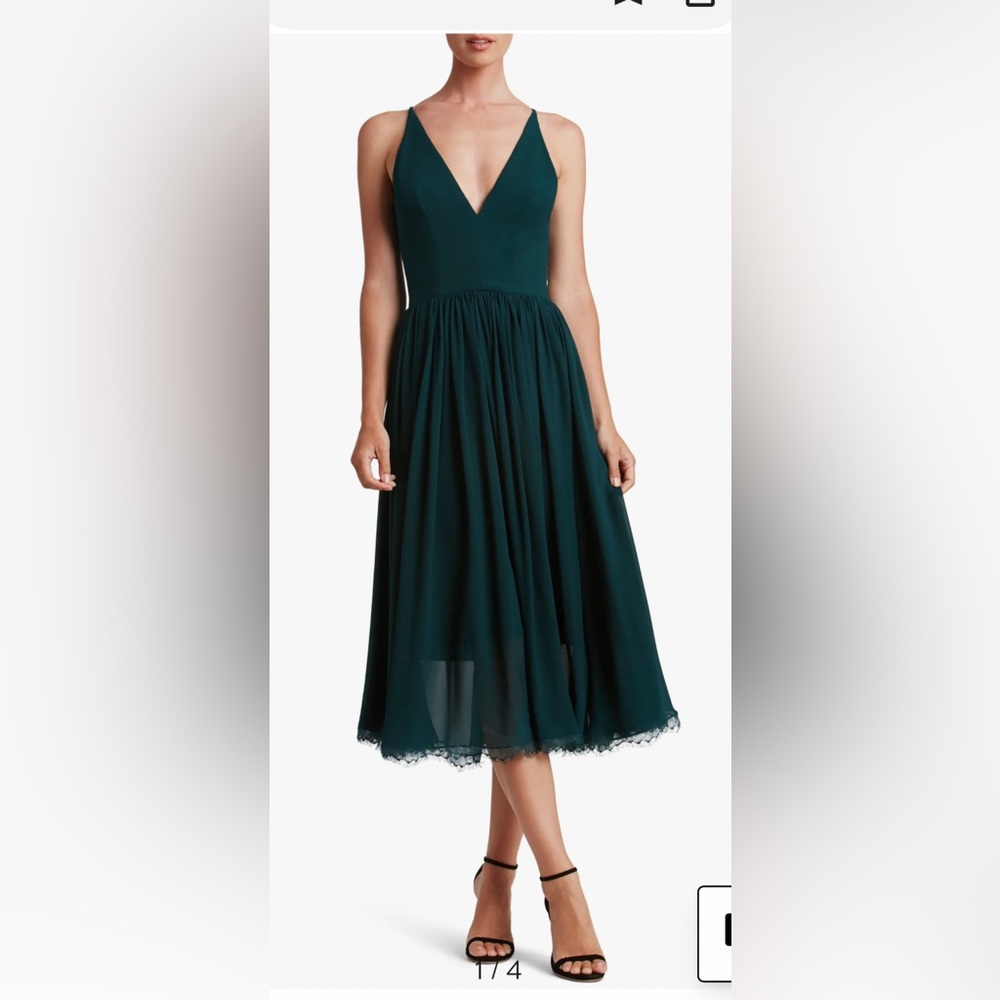 Dress the Population Sz L Alicia Midi Sleeveless Lace Hem Dress Pine NWT